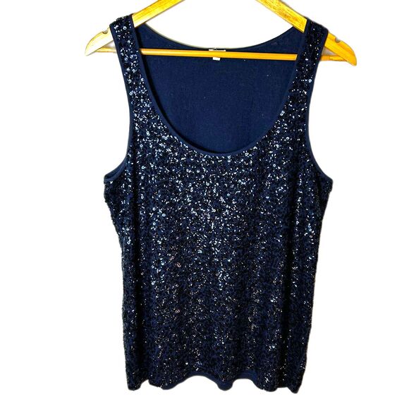 J. Crew Women's Navy Blue All Over Sequined Scoop Neck Tank Top Size L - Picture 3 of 11